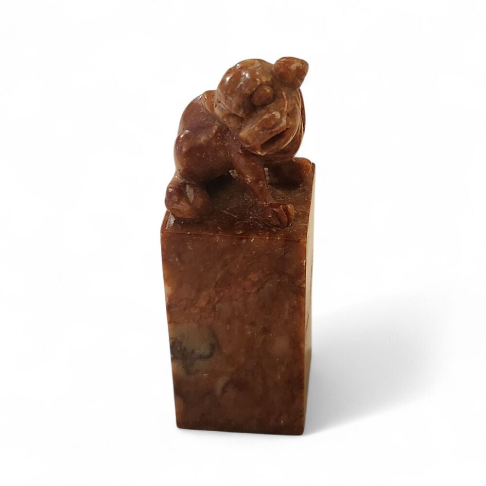 Antique Chinese Carved Soapstone Seal stamp w Foo Dog Stamp in Presentation Box